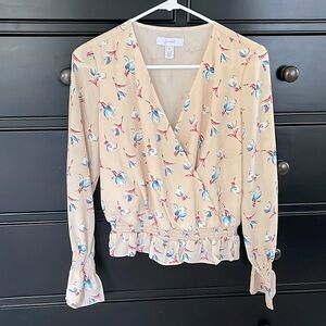 Scripted Peach Blue Red floral print blouse Plunge Wrap Front Long Sleeves
